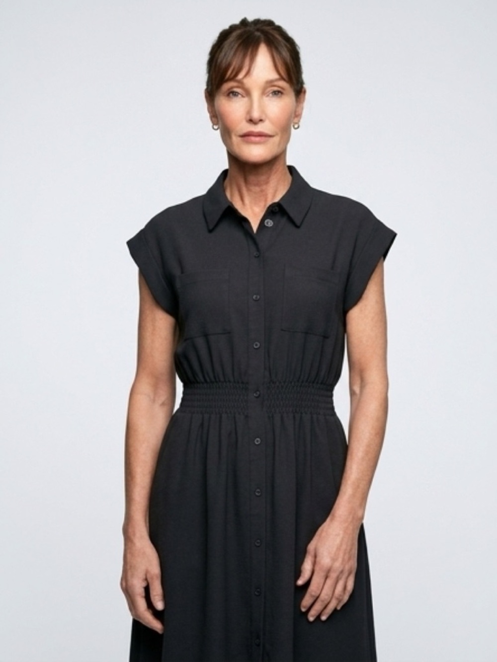 Black Button-Front Shirtdress with‎ Smocked Waist